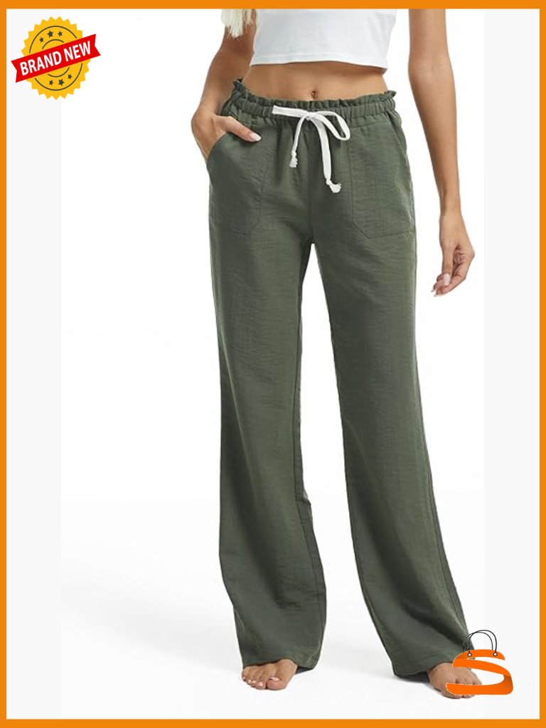 Tall Linen Flare Pants 30-36 Inseam Drawstring Smocked Waist Pockets Beach